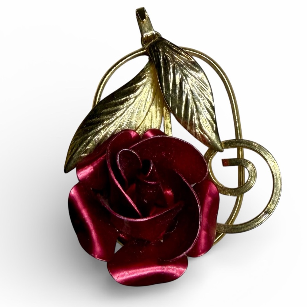 Vintage Elegant Gold & Red Rose Pendant Only - image 1
